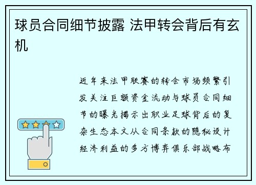 球员合同细节披露 法甲转会背后有玄机