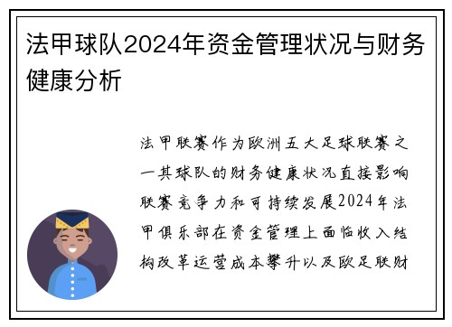 法甲球队2024年资金管理状况与财务健康分析