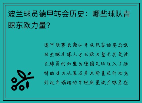 波兰球员德甲转会历史：哪些球队青睐东欧力量？